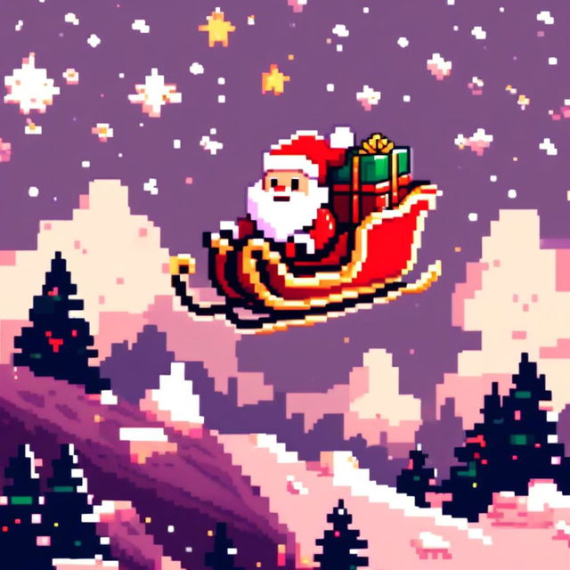 Pixel art PFP featuring a cute Santa Claus in his sleigh, flying over a snowy landscape under a starry night sky.