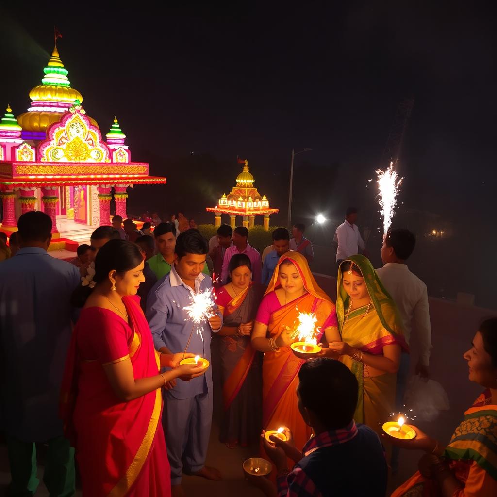 A vibrant and festive scene depicting the Diwali celebration in Punaura Dham, Sitamarhi