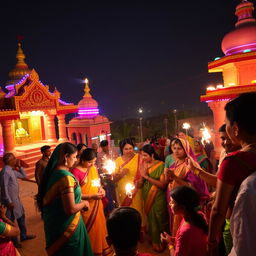 A vibrant and festive scene depicting the Diwali celebration in Punaura Dham, Sitamarhi