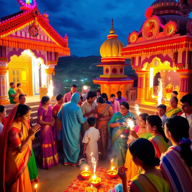 A vibrant and festive scene depicting the Diwali celebration in Punaura Dham, Sitamarhi