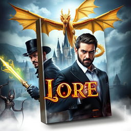 An epic fantasy book cover featuring a man with magical powers wearing an elegant top hat, alongside a male dark elf wielding a glowing magical sword