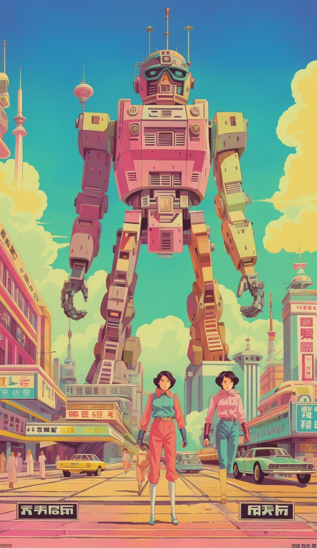 Retro sci-fi anime poster featuring a mecha city in 32k resolution with a Wes Anderson-inspired vintage pastel color palette.