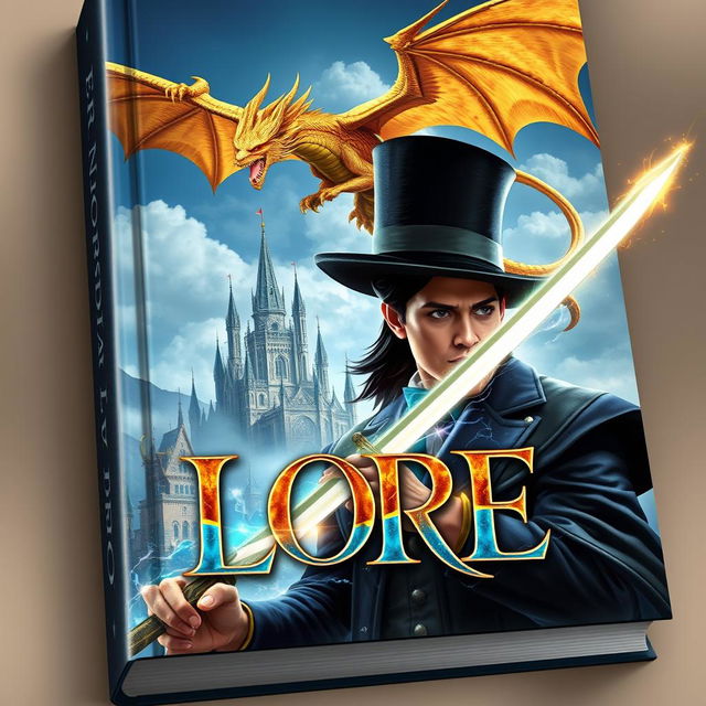 An epic fantasy book cover featuring a man with magical powers wearing an elegant top hat, alongside a male dark elf wielding a glowing magical sword