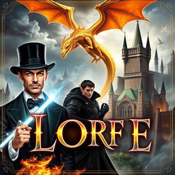 An epic fantasy book cover featuring a man with magical powers wearing an elegant top hat, alongside a male dark elf wielding a glowing magical sword