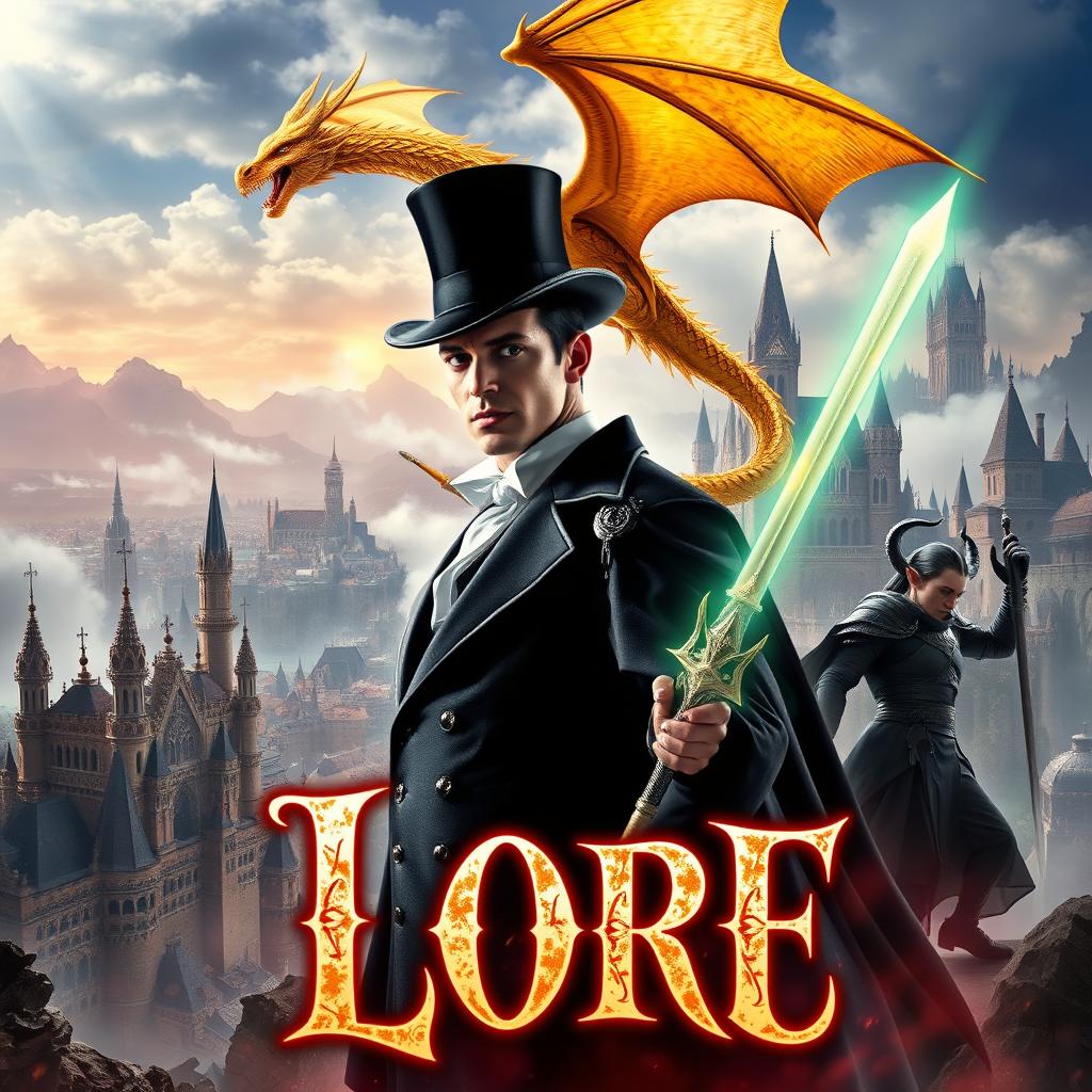 An epic fantasy book cover featuring a man with magical powers wearing an elegant top hat, alongside a male dark elf wielding a glowing magical sword