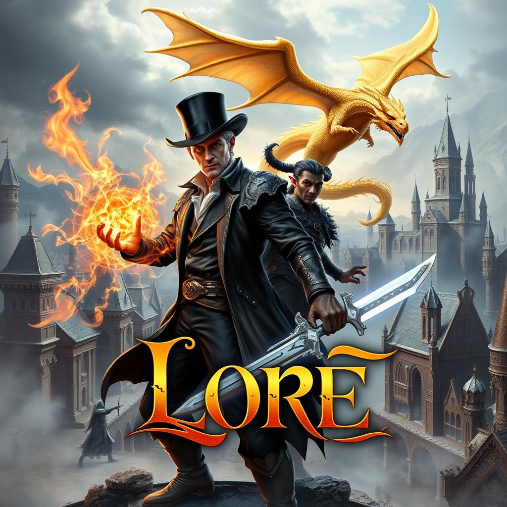 An epic fantasy book cover depicting a powerful man wielding magic, adorned in a stylish top hat, standing confidently alongside a male dark elf holding a shimmering magical sword