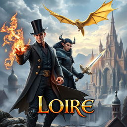 An epic fantasy book cover depicting a powerful man wielding magic, adorned in a stylish top hat, standing confidently alongside a male dark elf holding a shimmering magical sword