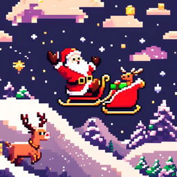 Pixel art PFP featuring a cute Santa Claus in his sleigh led by a reindeer, flying over a snowy landscape under a starry night sky