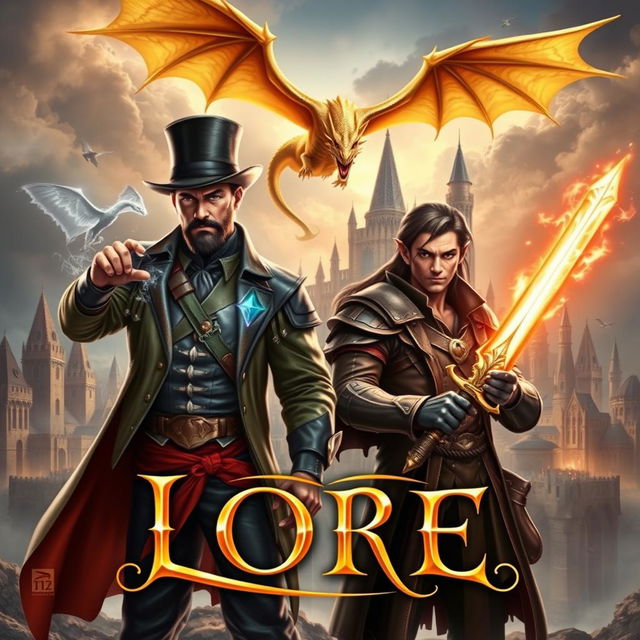 An epic fantasy book cover depicting a powerful man wielding magic, adorned in a stylish top hat, standing confidently alongside a male dark elf holding a shimmering magical sword