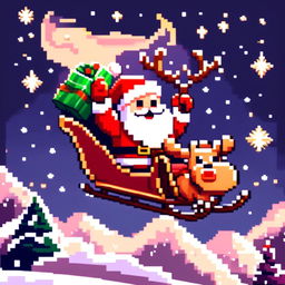 Pixel art PFP featuring a cute Santa Claus in his sleigh led by a reindeer, flying over a snowy landscape under a starry night sky