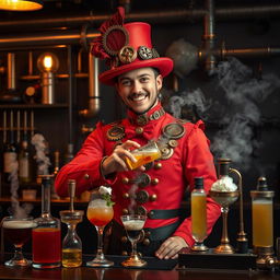 A steampunk bartender wearing a vibrant red-orange outfit, adorned with intricate gears and brass details