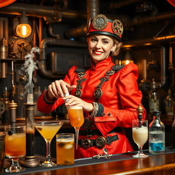 A steampunk bartender wearing a vibrant red-orange outfit, adorned with intricate gears and brass details