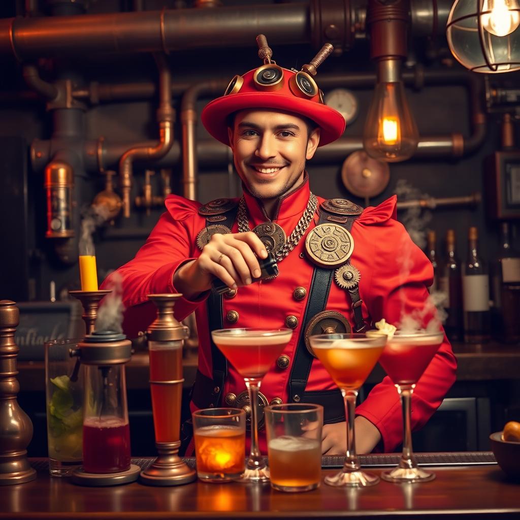 A steampunk bartender wearing a vibrant red-orange outfit, adorned with intricate gears and brass details