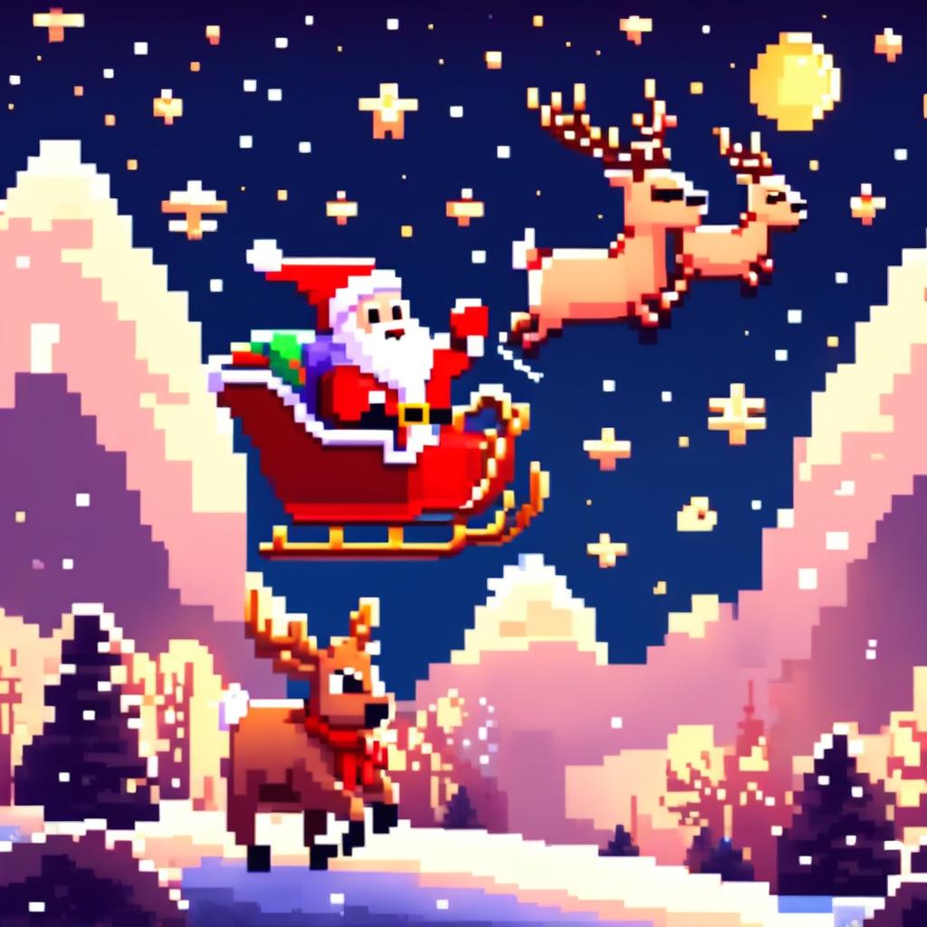 Pixel art PFP featuring a cute Santa Claus in his sleigh led by a reindeer, flying over a snowy landscape under a starry night sky