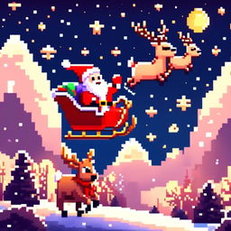 Pixel art PFP featuring a cute Santa Claus in his sleigh led by a reindeer, flying over a snowy landscape under a starry night sky