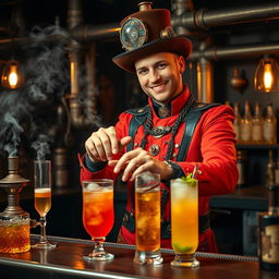 A steampunk bartender wearing a vibrant red-orange outfit, adorned with intricate gears and brass details