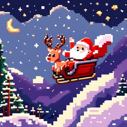 Pixel art PFP featuring a cute Santa Claus in his sleigh led by a reindeer, flying over a snowy landscape under a starry night sky