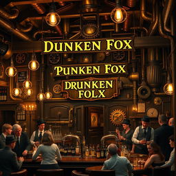 A steampunk tavern named 'Drunken Fox', featuring intricate brass and copper details, vintage steam-powered machinery, and an inviting warm ambiance