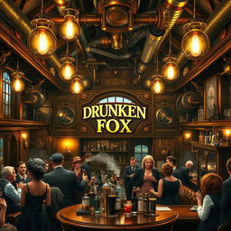 A steampunk tavern named 'Drunken Fox', featuring intricate brass and copper details, vintage steam-powered machinery, and an inviting warm ambiance