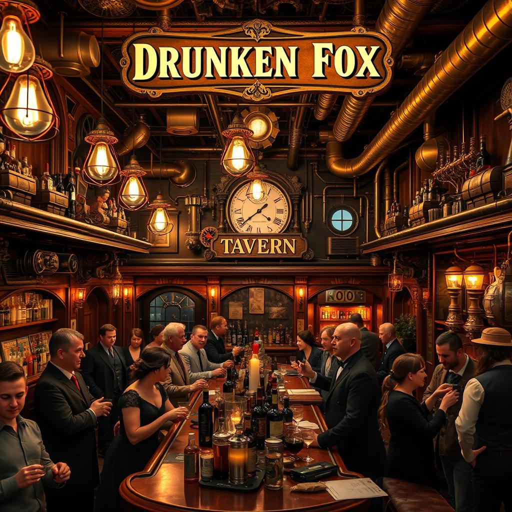 A steampunk tavern named 'Drunken Fox', featuring intricate brass and copper details, vintage steam-powered machinery, and an inviting warm ambiance