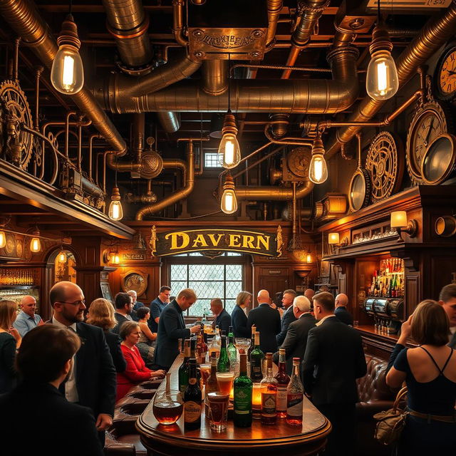 A steampunk tavern named 'Drunken Fox', featuring intricate brass and copper details, vintage steam-powered machinery, and an inviting warm ambiance