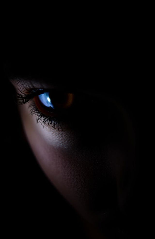 A close-up of a pair of striking eyes illuminated against a dark background, with a captivating gaze that draws the viewer in