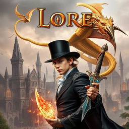An epic fantasy book cover featuring a young man with magical powers wearing an elegant top hat, standing confidently alongside a male dark elf who wields a beautifully designed magical sword
