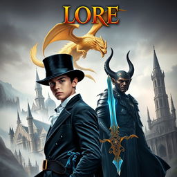 An epic fantasy book cover featuring a young man with magical powers wearing an elegant top hat, standing confidently alongside a male dark elf who wields a beautifully designed magical sword