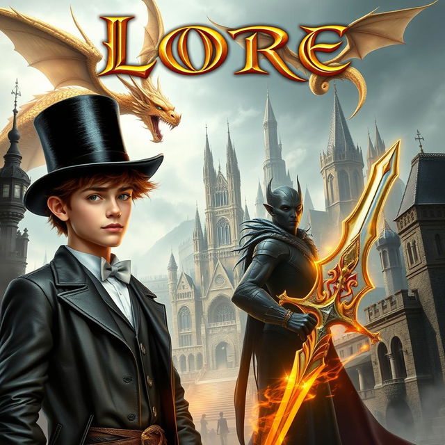 An epic fantasy book cover featuring a young man with magical powers wearing an elegant top hat, standing confidently alongside a male dark elf who wields a beautifully designed magical sword