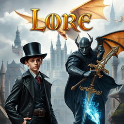 An epic fantasy book cover featuring a young man with magical powers wearing an elegant top hat, standing confidently alongside a male dark elf who wields a beautifully designed magical sword