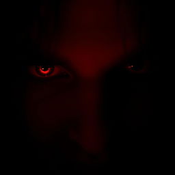 A close-up of eerie vampire eyes, glowing slightly in a dimly lit environment