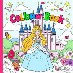 A vibrant and enchanting cover design for a children's coloring book featuring a lovely princess standing in front of a majestic castle