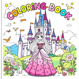A vibrant and enchanting cover design for a children's coloring book featuring a lovely princess standing in front of a majestic castle