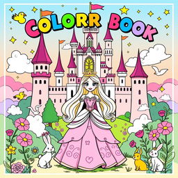 A vibrant and enchanting cover design for a children's coloring book featuring a lovely princess standing in front of a majestic castle
