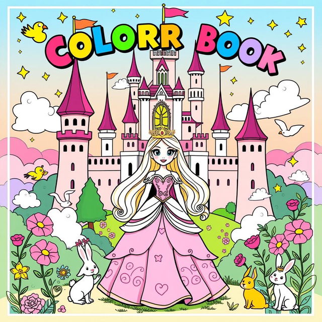 A vibrant and enchanting cover design for a children's coloring book featuring a lovely princess standing in front of a majestic castle