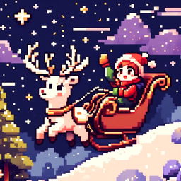 Pixel art PFP featuring a cute sleigh being pulled by a reindeer, flying over a snowy landscape under a starry night sky.