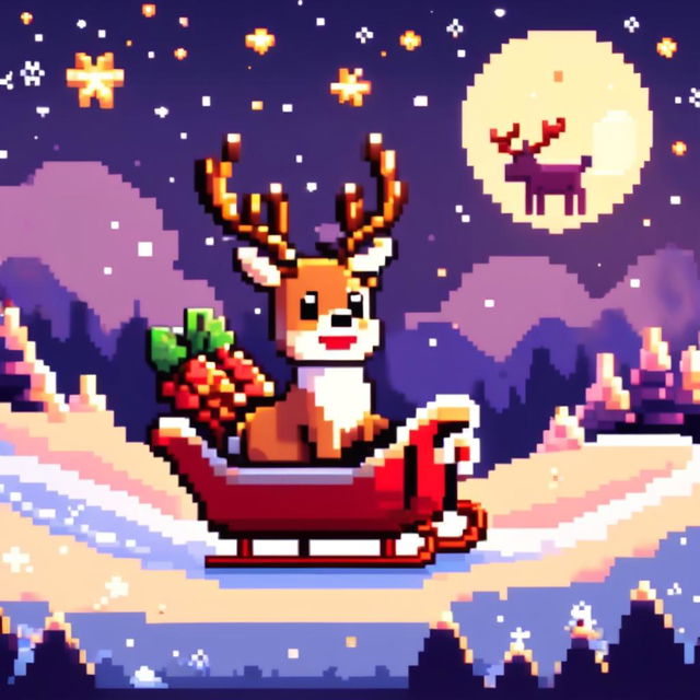 Pixel art PFP featuring a cute sleigh being pulled by a reindeer, flying over a snowy landscape under a starry night sky.