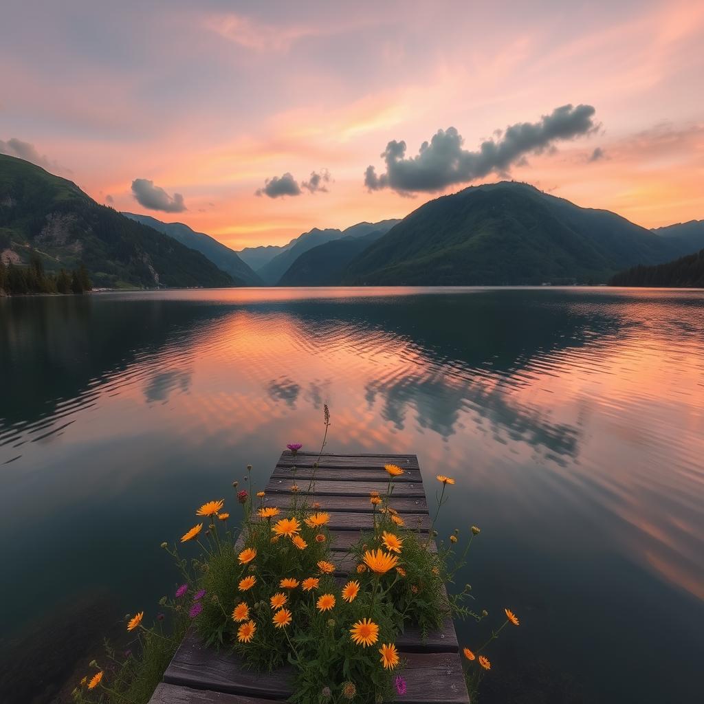 A serene landscape featuring a tranquil lake surrounded by emerald green mountains