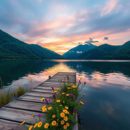 A serene landscape featuring a tranquil lake surrounded by emerald green mountains