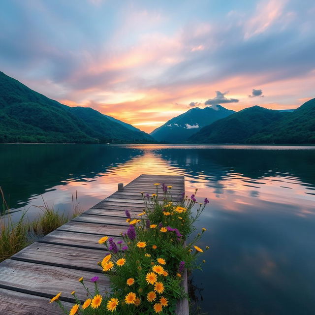 A serene landscape featuring a tranquil lake surrounded by emerald green mountains