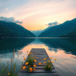 A serene landscape featuring a tranquil lake surrounded by emerald green mountains