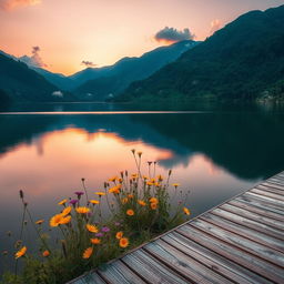 A serene landscape featuring a tranquil lake surrounded by emerald green mountains