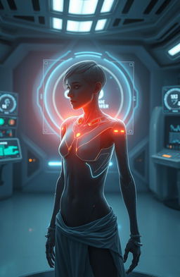 A dystopian scene where a holographic artificial intelligence interfaces with a frail main character in a futuristic setting