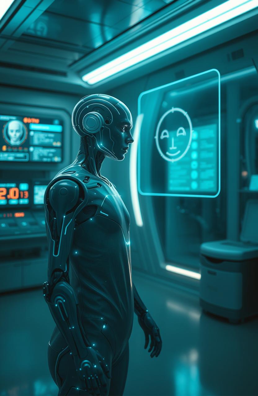 A dystopian scene where a holographic artificial intelligence interfaces with a frail main character in a futuristic setting