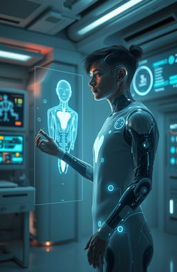 A dystopian scene where a holographic artificial intelligence interfaces with a frail main character in a futuristic setting