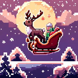 Pixel art PFP featuring a cute sleigh being pulled by a reindeer, flying over a snowy landscape under a starry night sky.