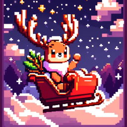 Pixel art PFP featuring a cute sleigh being pulled by a reindeer, flying over a snowy landscape under a starry night sky.