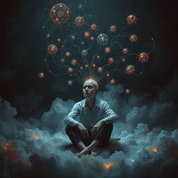 A surreal and thought-provoking scene depicting an artificial intelligence symbolically deleting the mind of the main character