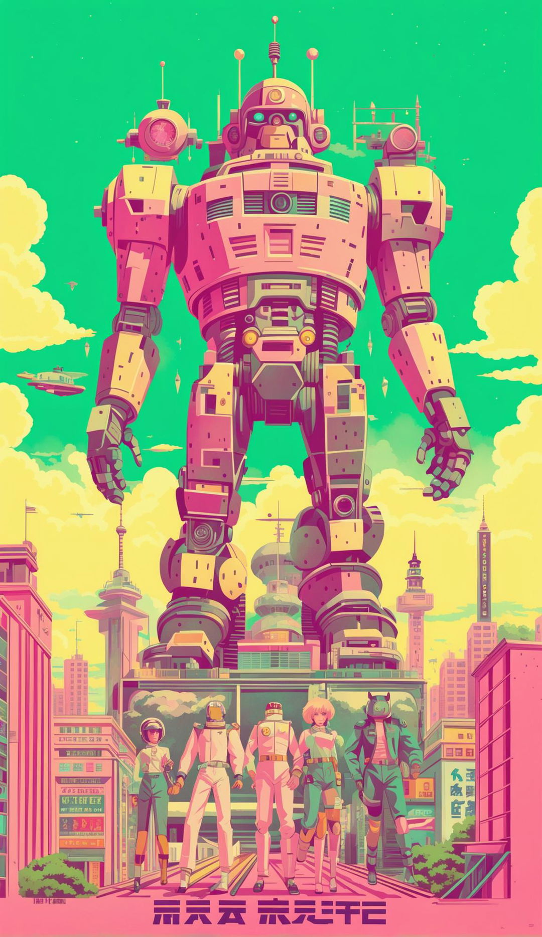 Retro sci-fi anime poster featuring a giant robot in 32k resolution with a Wes Anderson-inspired vintage pastel color palette