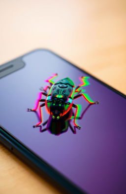 A close-up view of a glitched bug on a smartphone screen, with vibrant, distorted colors creating an abstract visual effect